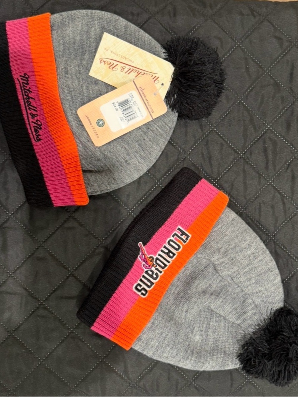 Mitchell & Ness Gray Beanie with Pink, Orange & Black Accents - Picture 2 of 4